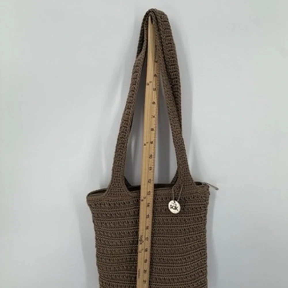 The Sak Brown Crochet Shoulder Bag Zipper Tote Textured Knit Boho Handbag